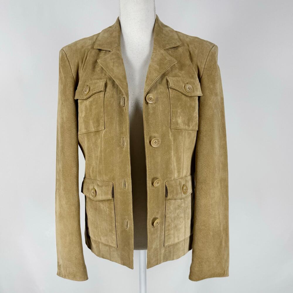 Mossimo Vintage Genuine Leather Blazer Jacket Women's Small Tan Beige